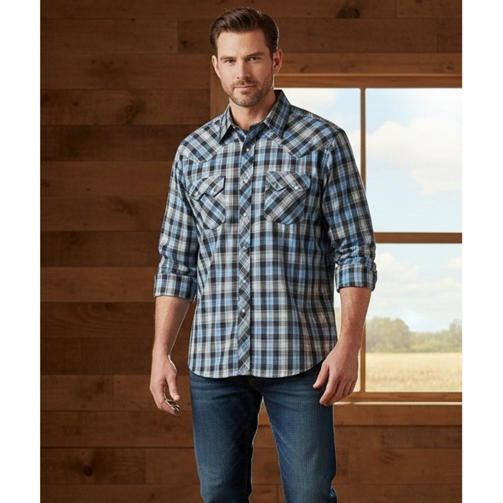 Wrangler Vintage Pearl Snap Long Sleeve Western Shirt Men's XL Blue Plaid Preppy